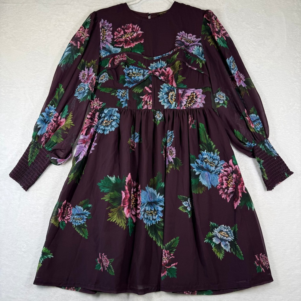 Vineet Bahl Floral Long Sleeve Mini Dress Burgundy Purple Peony Size M